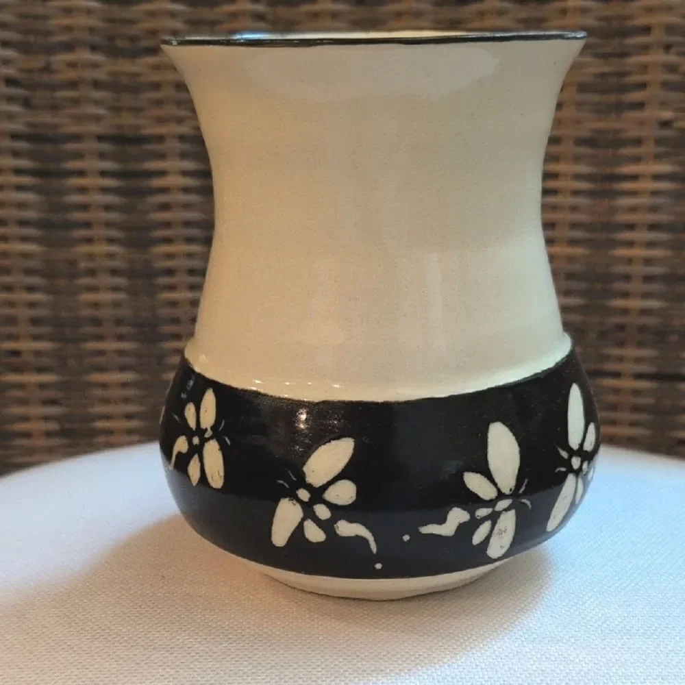JH Pottery Handcrafted Black and Ivory Dragonfly Vase